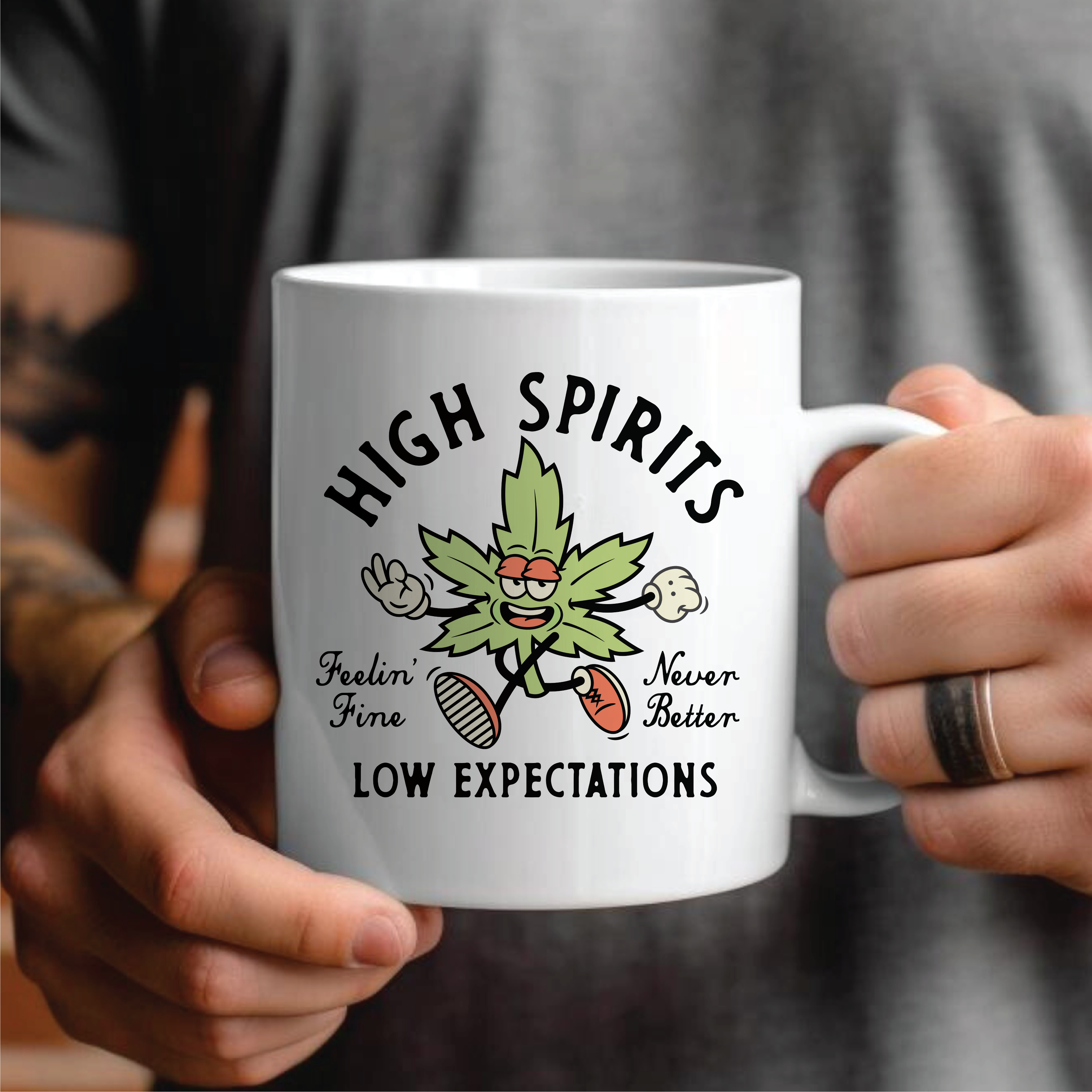 High Spirits Low Expectations Cannabis Coffee Mug