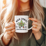 High Spirits Low Expectations Cannabis Coffee Mug