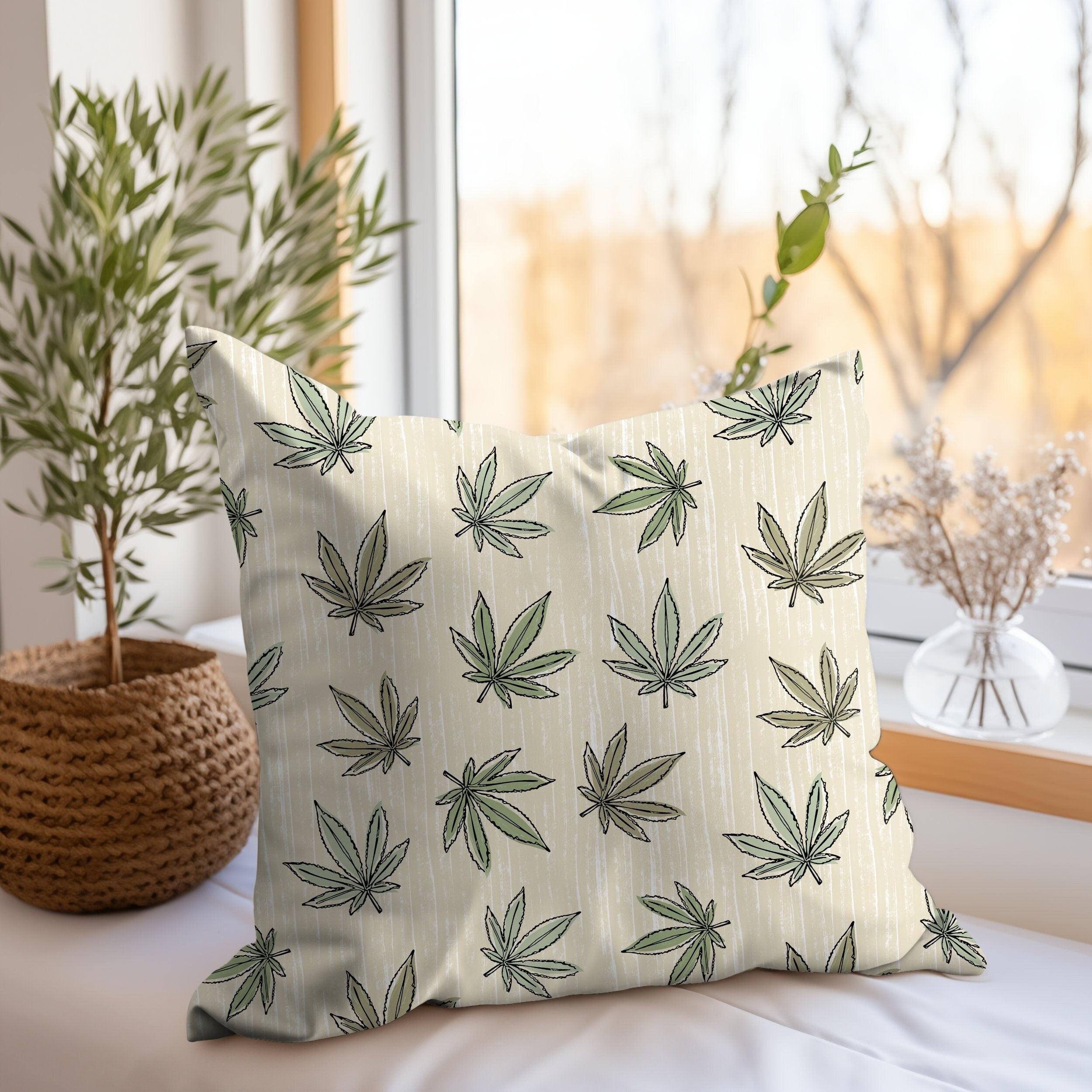 Beige Cannabis Leaf Throw Pillow