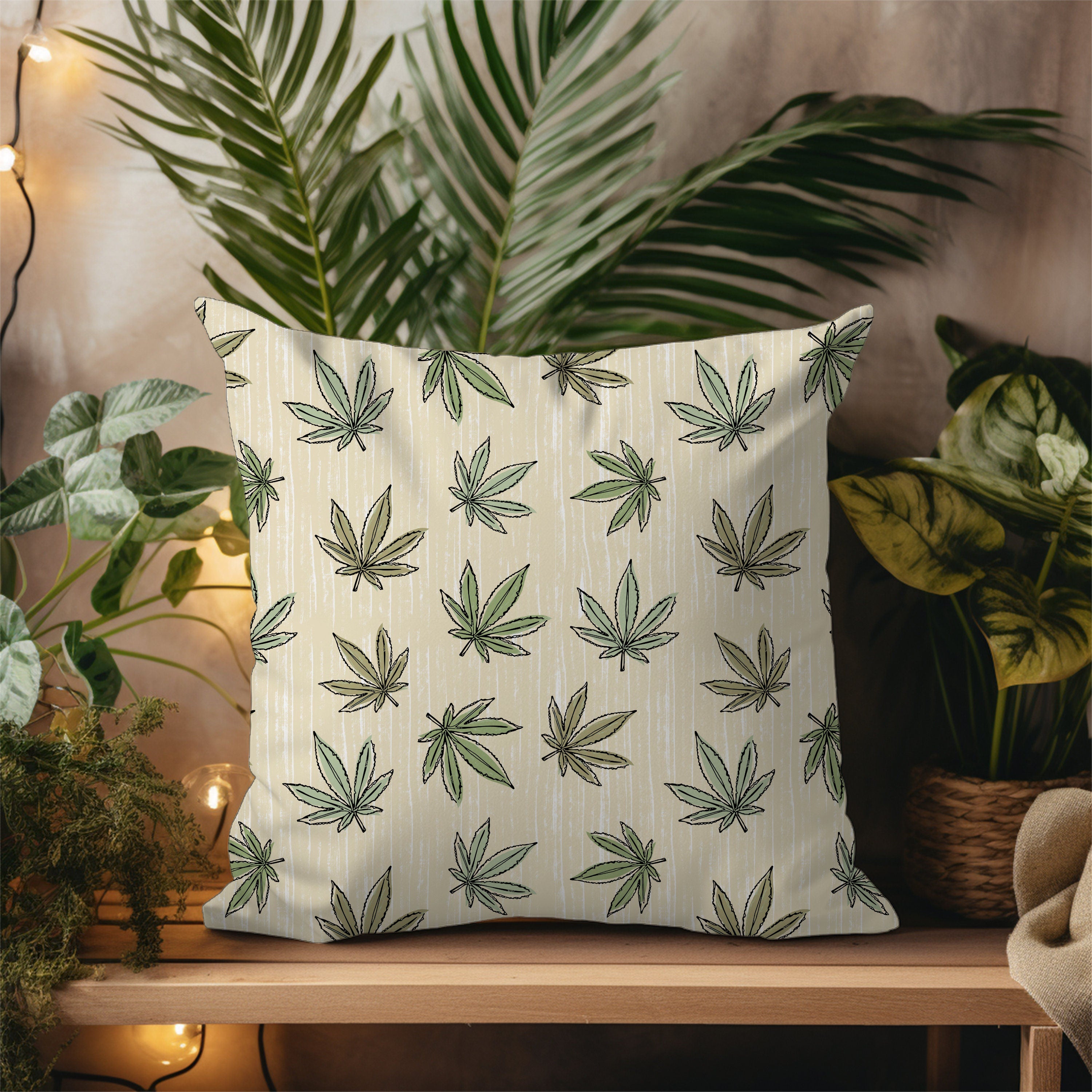 Beige Cannabis Leaf Throw Pillow