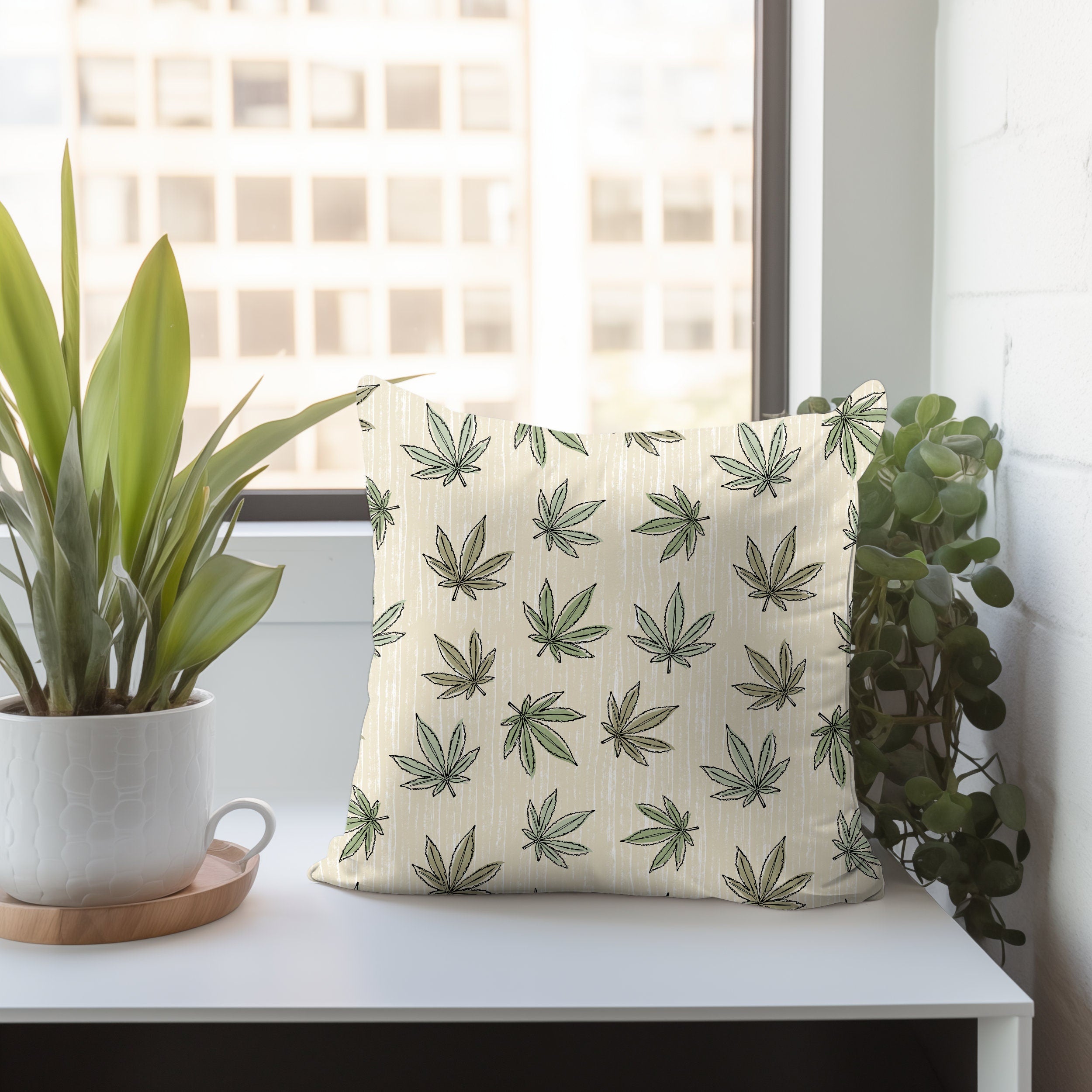 Beige Cannabis Leaf Throw Pillow